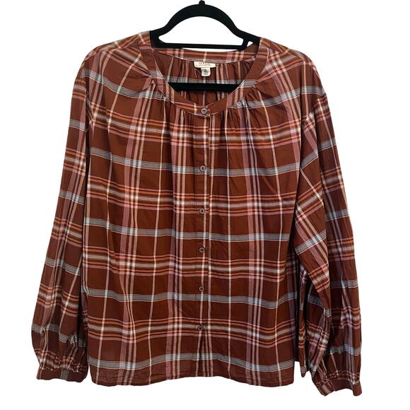 a.n.a Tops - a.n.a. Womens Peasant Blouse 0X XL Plaid Boho Cottage Button Brown Cotton Puff